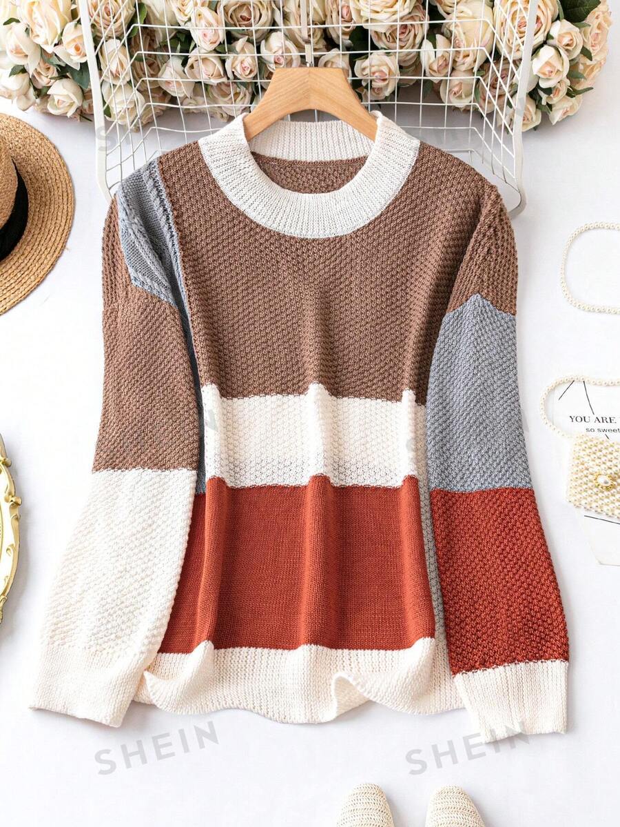 SHEIN LUNE Talla grande Jersey de color combinado de hombros caídos