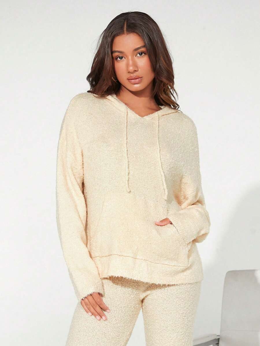SHEIN BASICS Kangaroo Pocket Drop Shoulder Drawstring Hooded Sweater