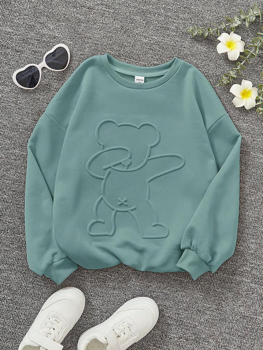 SHEIN Tween Girl Cartoon Embossed Drop Shoulder Sweatshirt