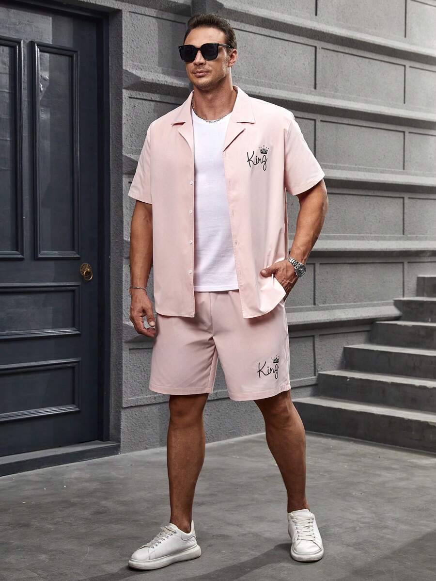 Manfinity Homme Loose Men's Plus Size Letter And Crown Print Shirt & Shorts Without Tee