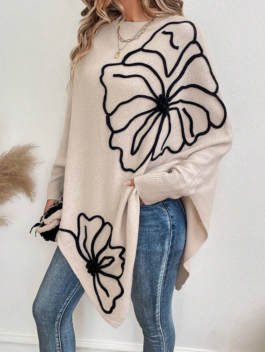 EMERY ROSE Floral Pattern Batwing Sleeve Asymmetrical Hem Sweater,Long Sleeve Tops