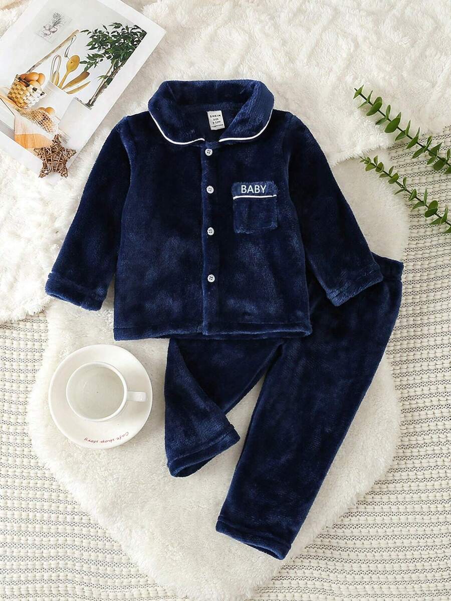 SHEIN Baby Boy Letter Embroidery Contrast Piping Flannel PJ Set