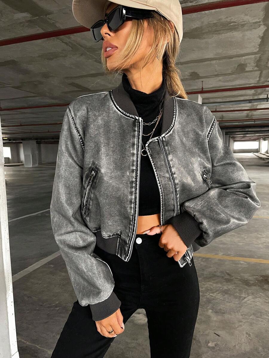 Aveloria Affinna Top-Stitching Drop Shoulder Zipper PU leren bomberjack