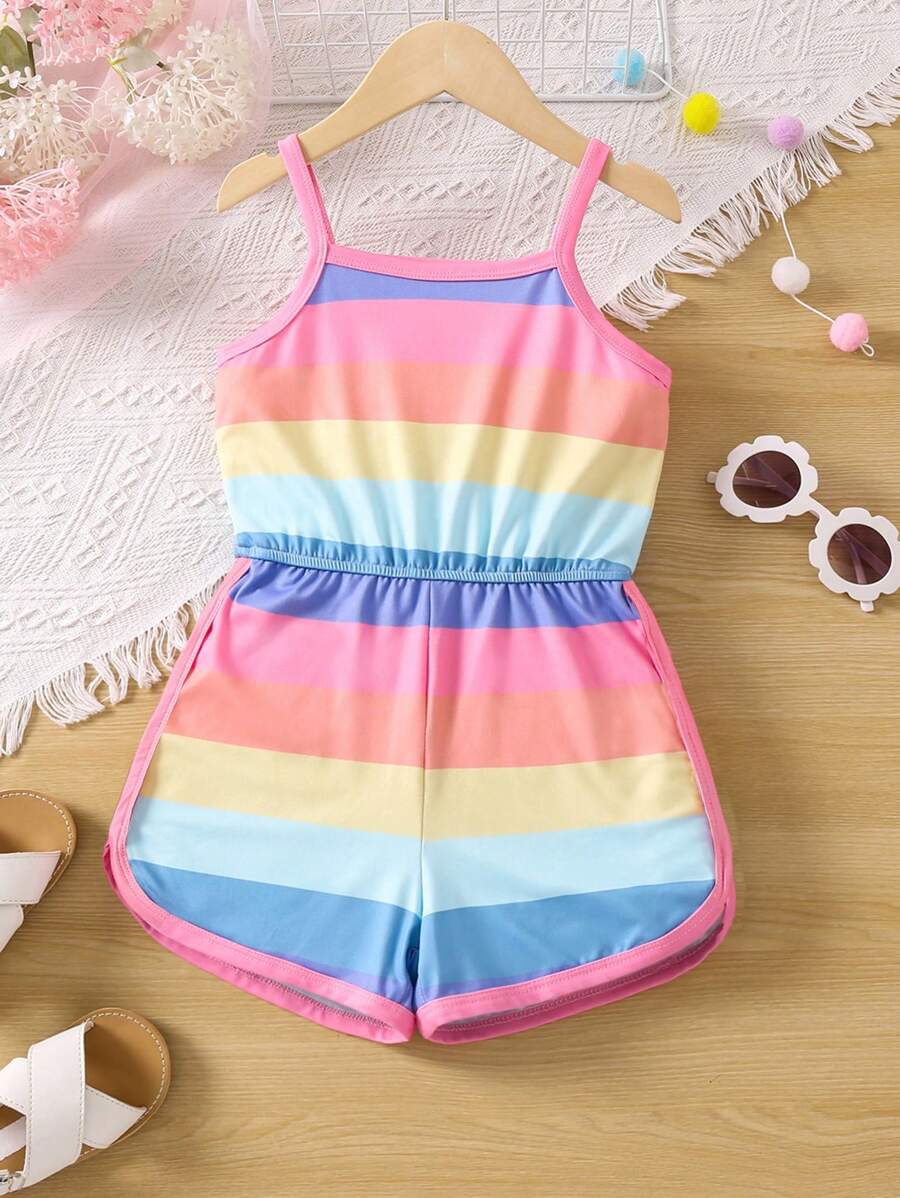 SHEIN Young Girl Rainbow Striped Casual Simple Comfortable Cami Romper With Spaghetti Strap For Summer