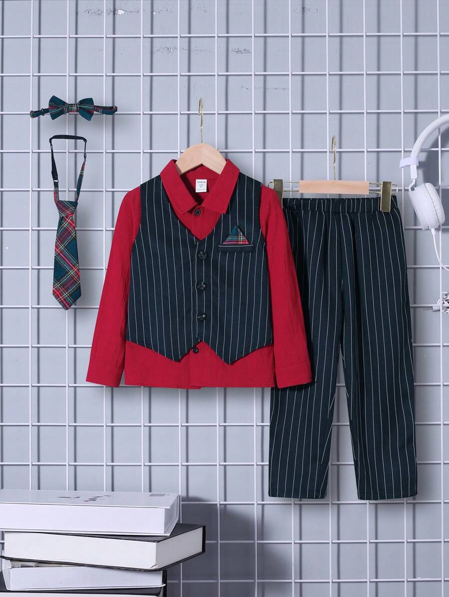 SHEIN 3pcs/Set Young Boy College Style Striped Vest, Shirt And Pants Set, Fleece Thickened