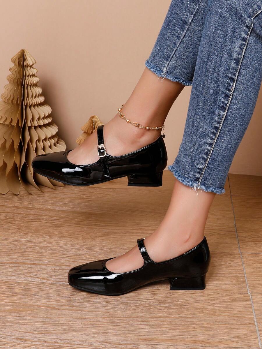 Women's Fashion Chunky Heel Patent Leather Pumps, Comfortable Mary Jane Flats, Ladies Black High Heels, Spring Autumn