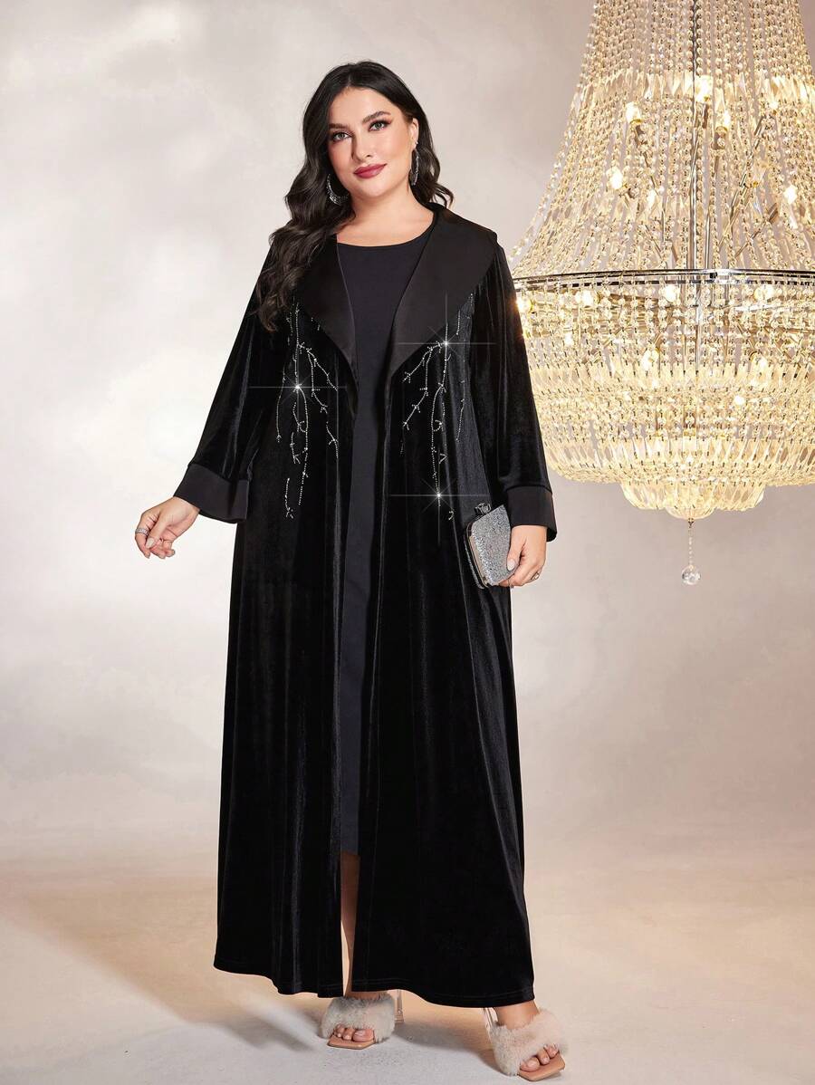 Al Najma Abaya larga de manga larga, modesta, de terciopelo, con detalle de flecos con strass y apertura frontal