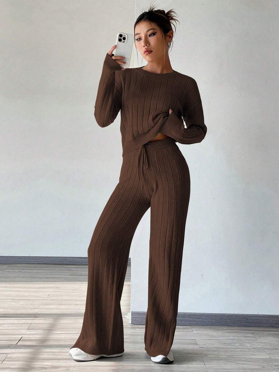 Flirla Solid Sweater & Drawstring Waist Knit Pants