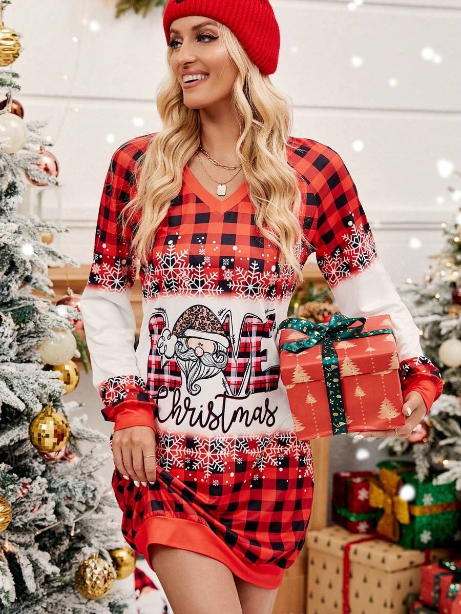 SHEIN LUNE Christmas Print Raglan Sleeve Dress For New Year Clothes