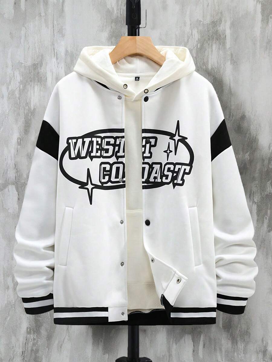 Manfinity Homme Men Plus Slogan Graphic Striped Trim Drop Shoulder Bomber Jacket Without Hoodie