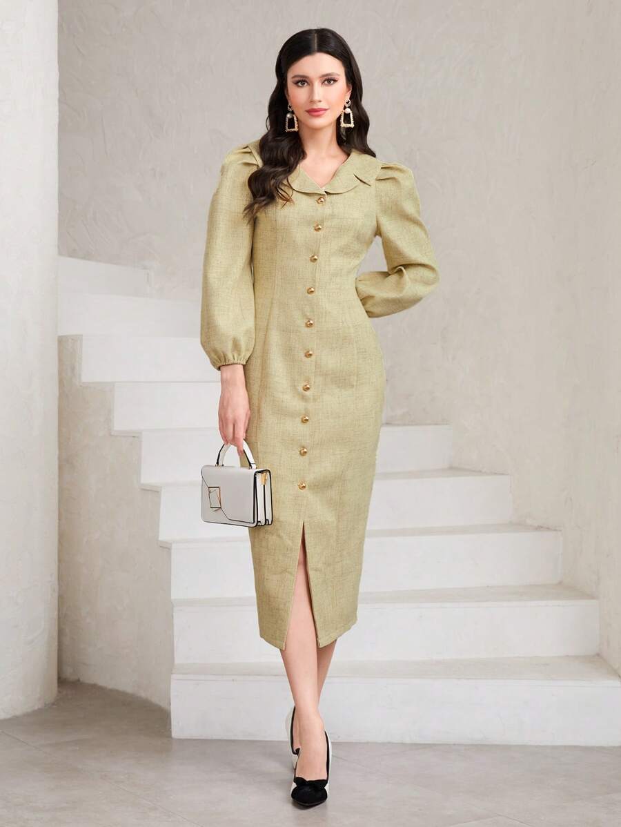 Modelyn Robe Unicolore À Bouton Manches Bouffantes