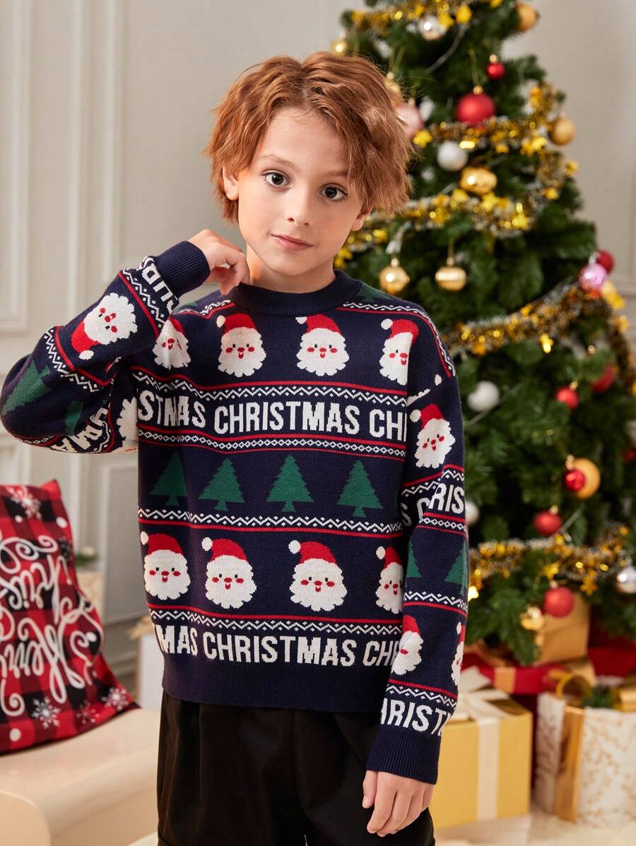 SHEIN Chicos 1 pieza Jersey con estampado de letra & Papá Noel de hombros caídos