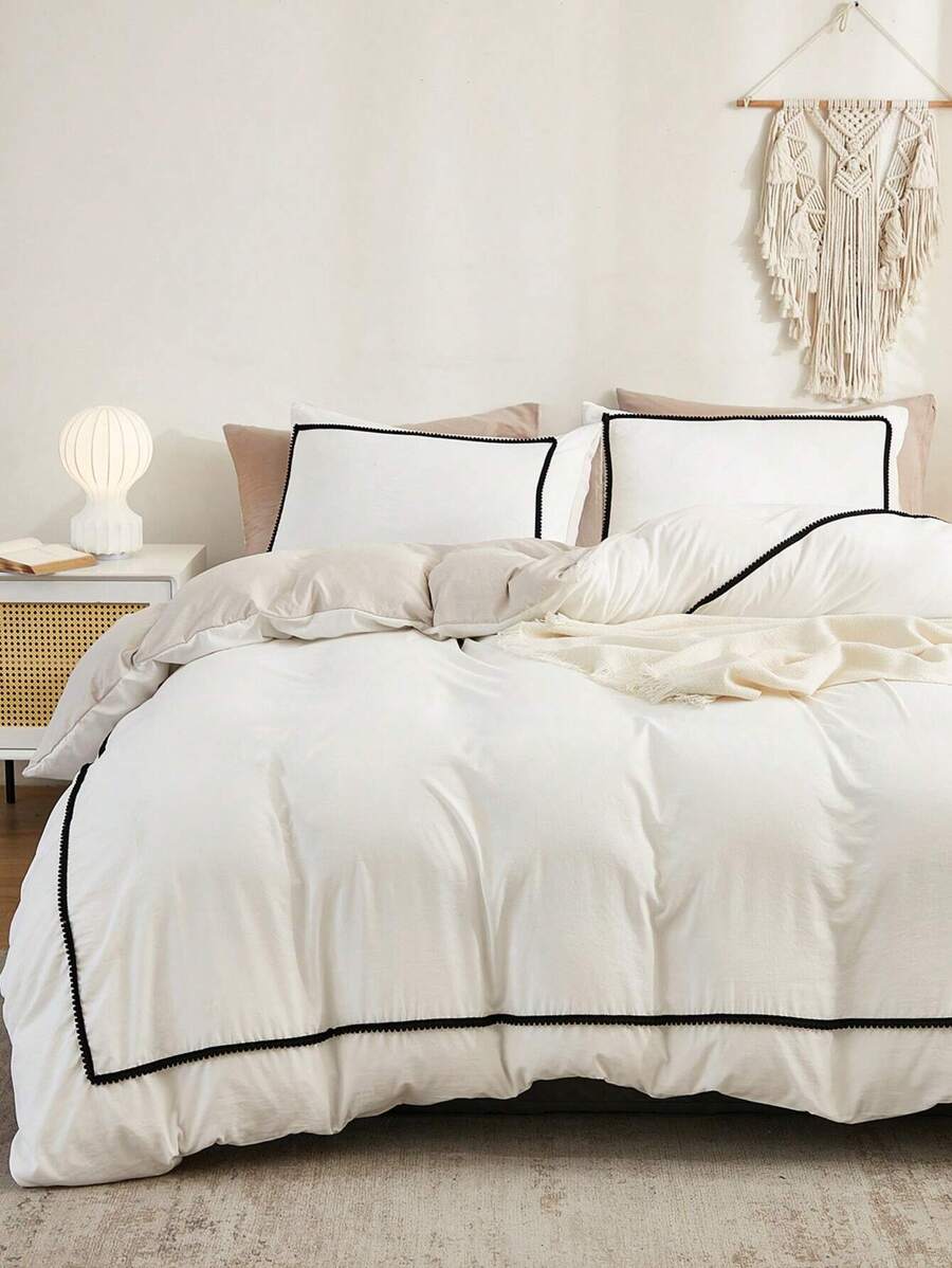 Effen wit beddengoedset Pompon dekbedovertrekset Boho boerderij beddengoedset 3-delig Mini pompon decor Beige en witte dekbedovertrek Zacht microvezel dekbedovertrek voor jongens en meisjes 1 dekbedovertrek 2 kussenslopen Geen dekbed Schoolbeddengoed