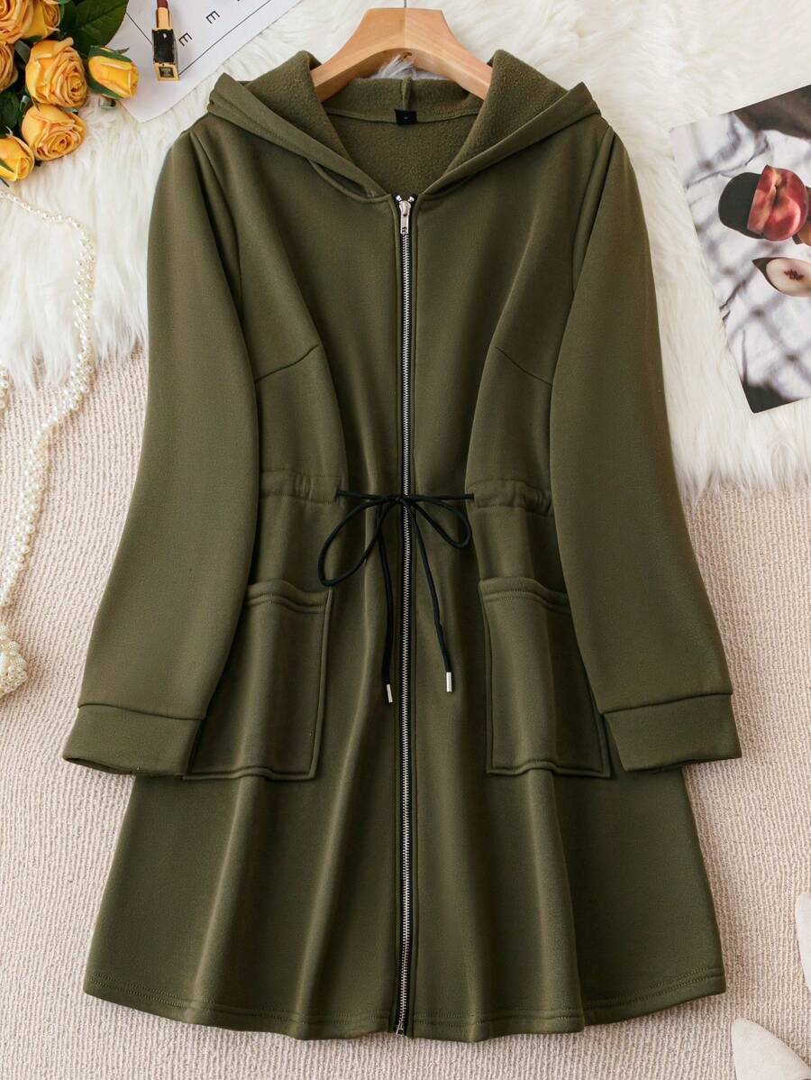 SHEIN LUNE Plus Drawstring Waist Zip Up Hooded Sweatshirt Dress