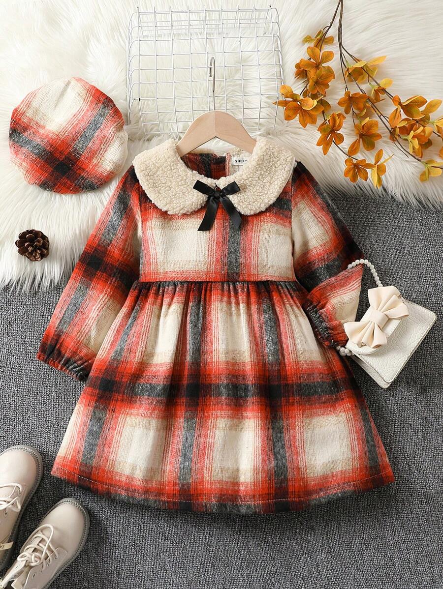 SHEIN Chica Joven Vestido con estampado de cuadros de cuello bobo con lazo delantero