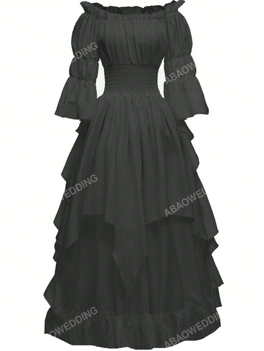 Off Shoulder Flounce Sleeve Ruffle Trim Ruffle Hem Dress