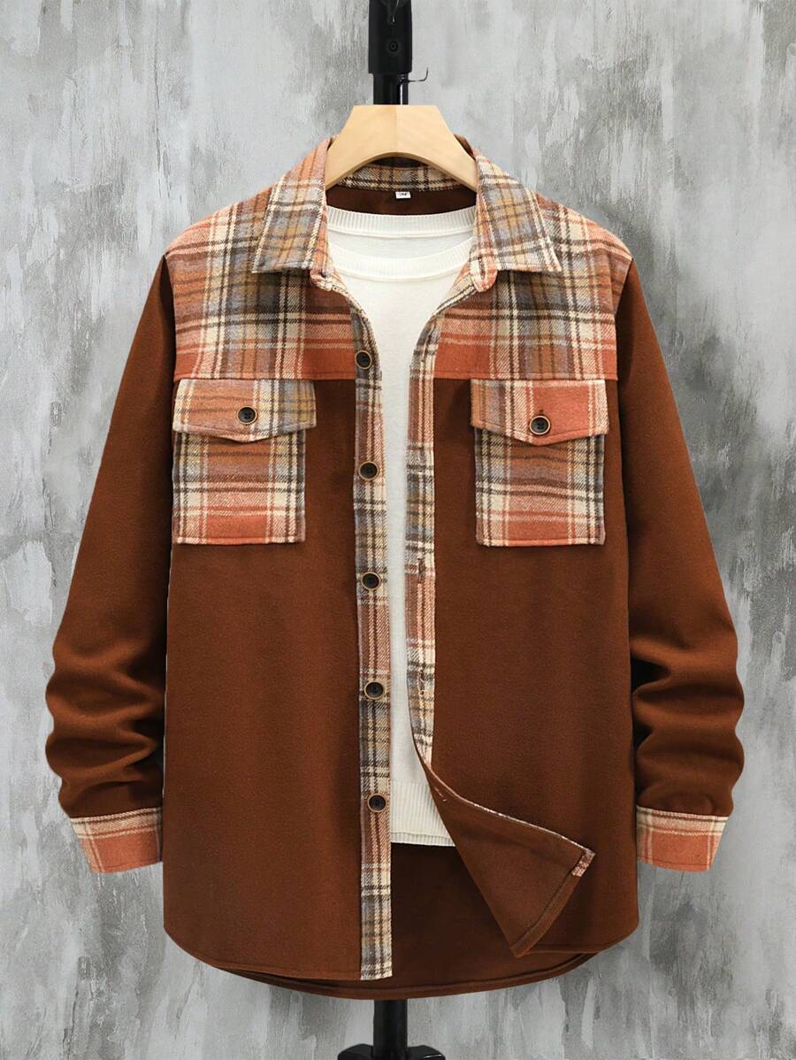 Manfinity Homme Men Plus Plaid Print Flap Pocket Shacket Without Tee