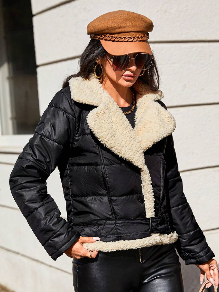 RueChic Abrigo acolchado cuello de borreguito de doble botonadura con forro teddy