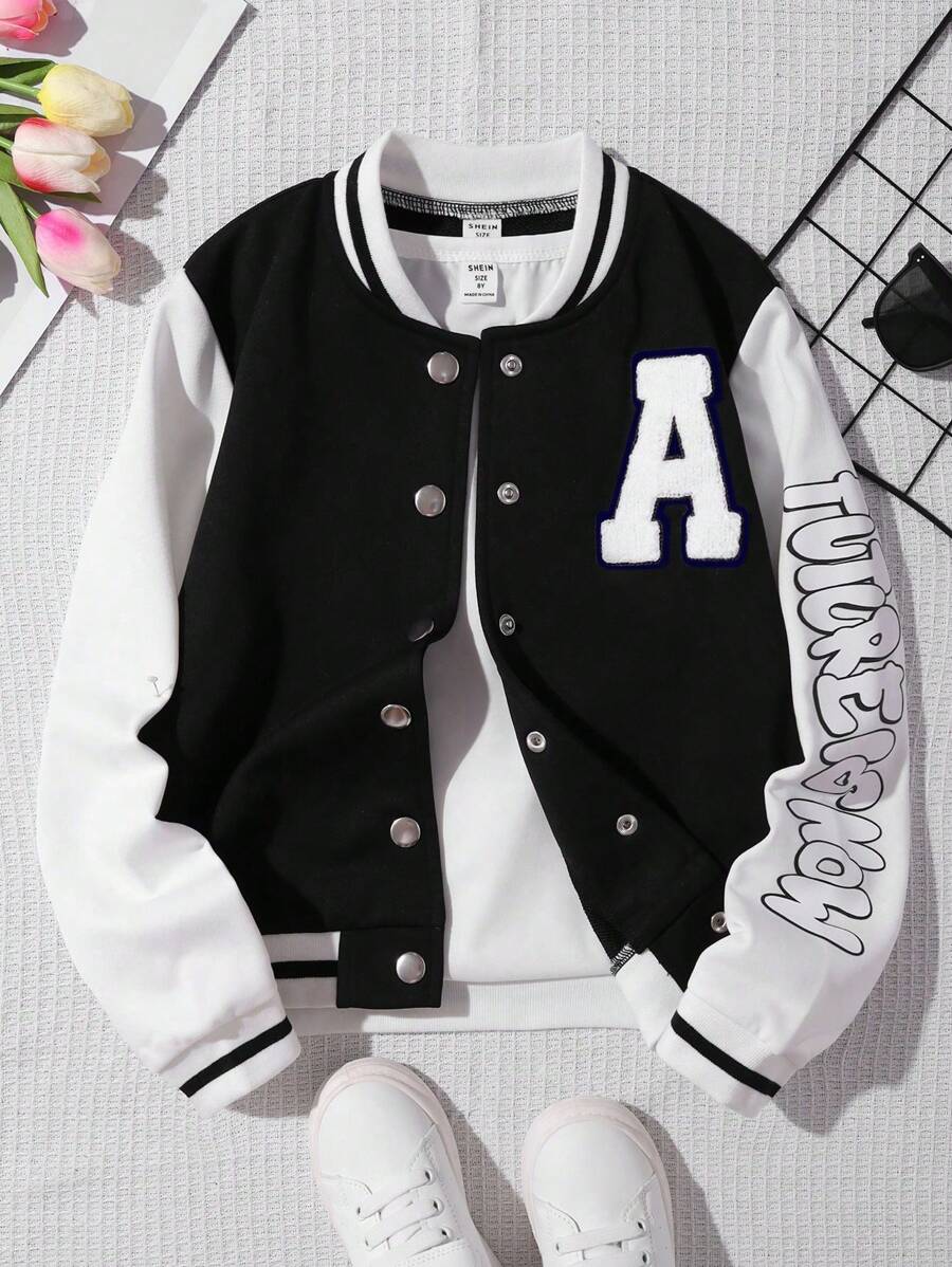SHEIN Tween Girl Letter Graphic Two Tone Varsity Jacket Without Tee