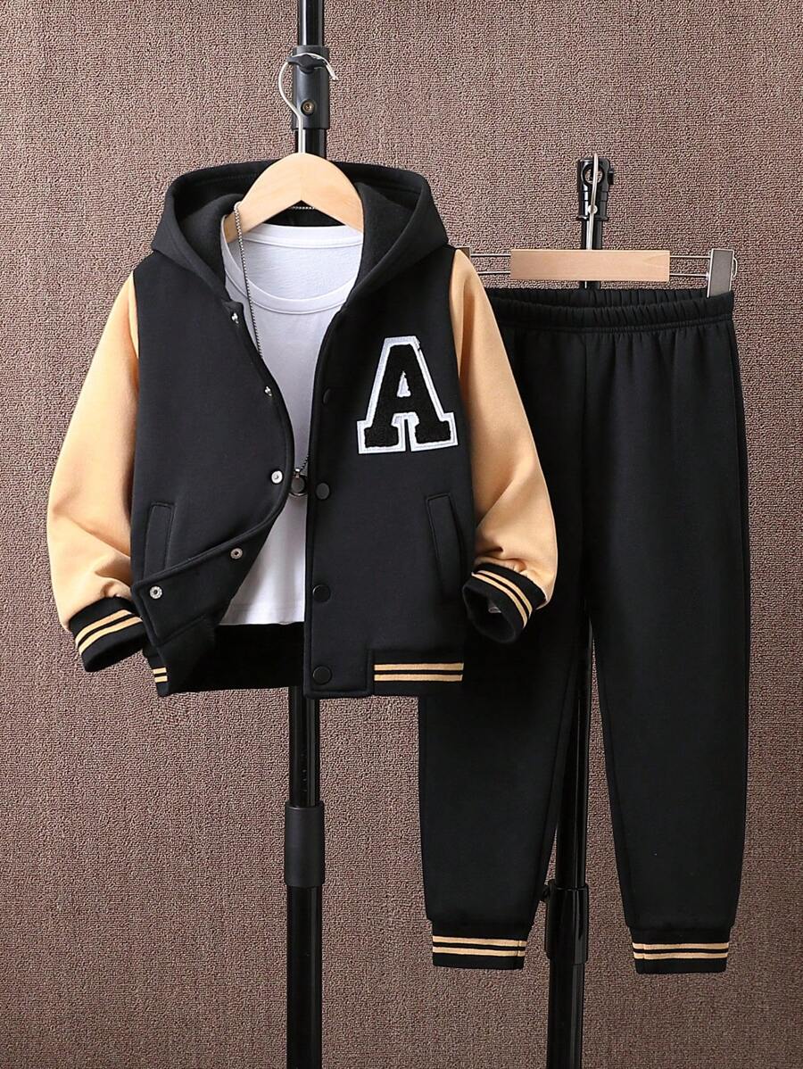Young Boy Letter Patched Striped Trim Hooded Jacket & Sweatpants Without Tee