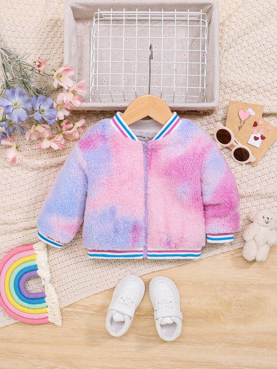 SHEIN Baby Girl Tie Dye Striped Trim Teddy Bomber Jacket