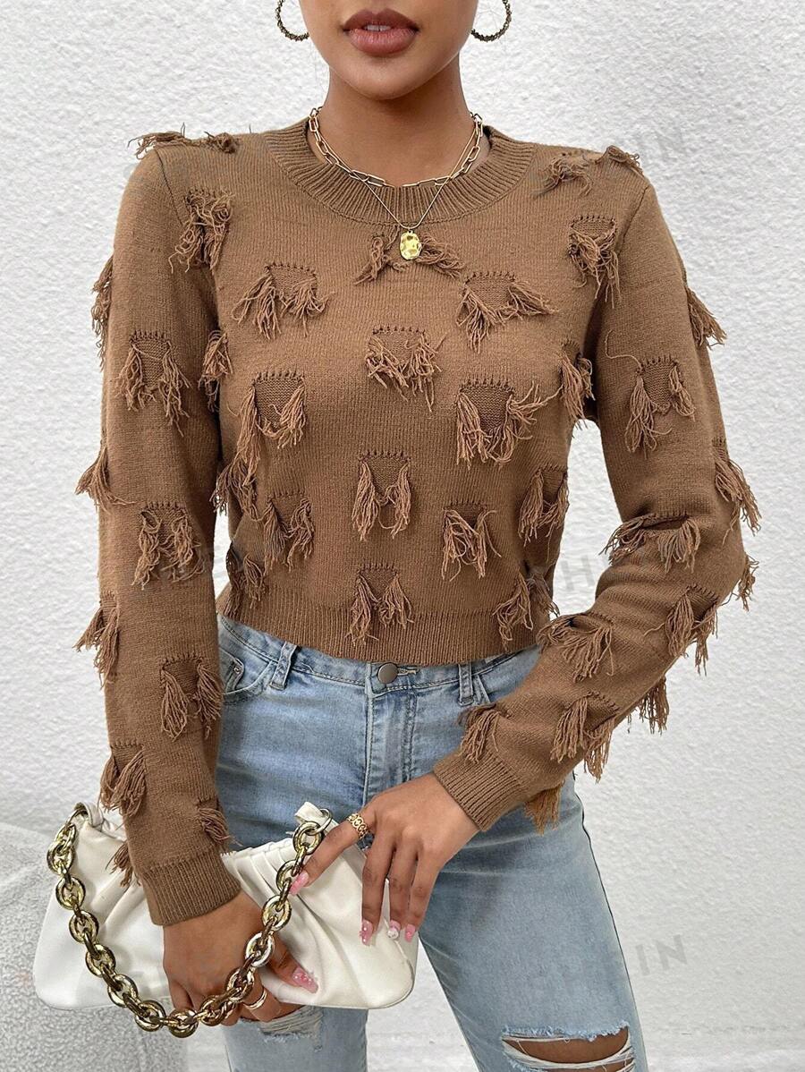 SHEIN LUNE Jersey ribete con fleco de cuello redondo