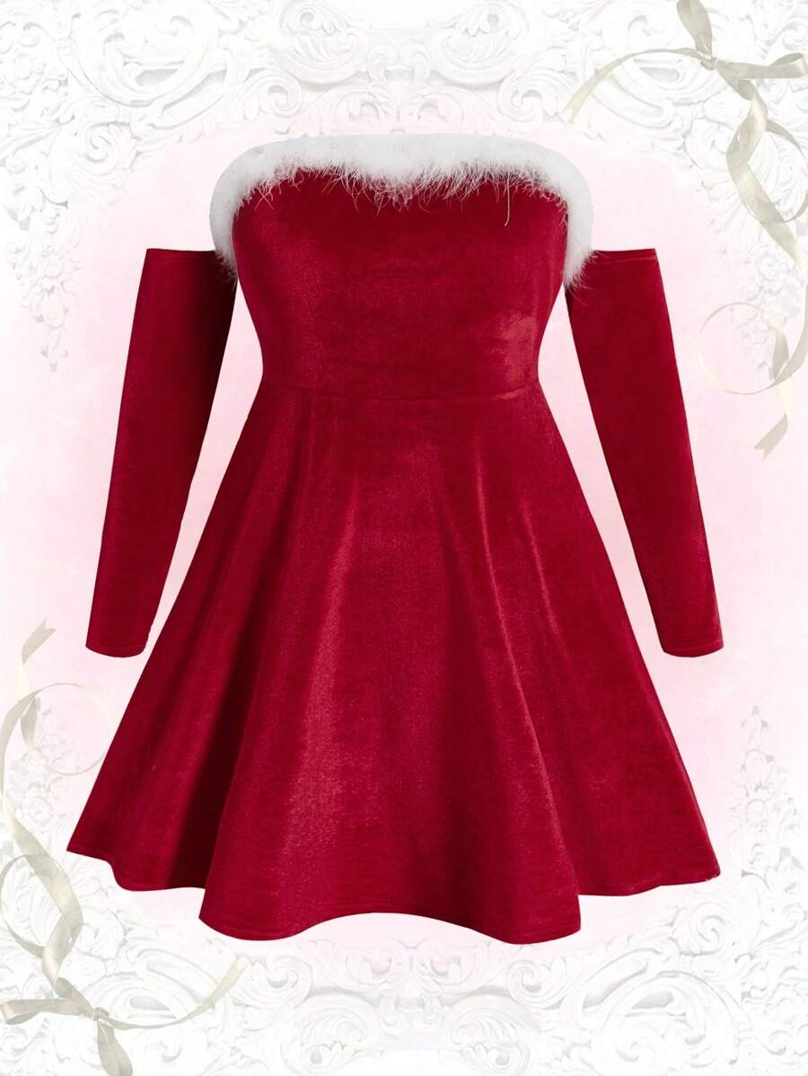 Flirla Plus Fuzzy Trim Off Shoulder Velvet Dress