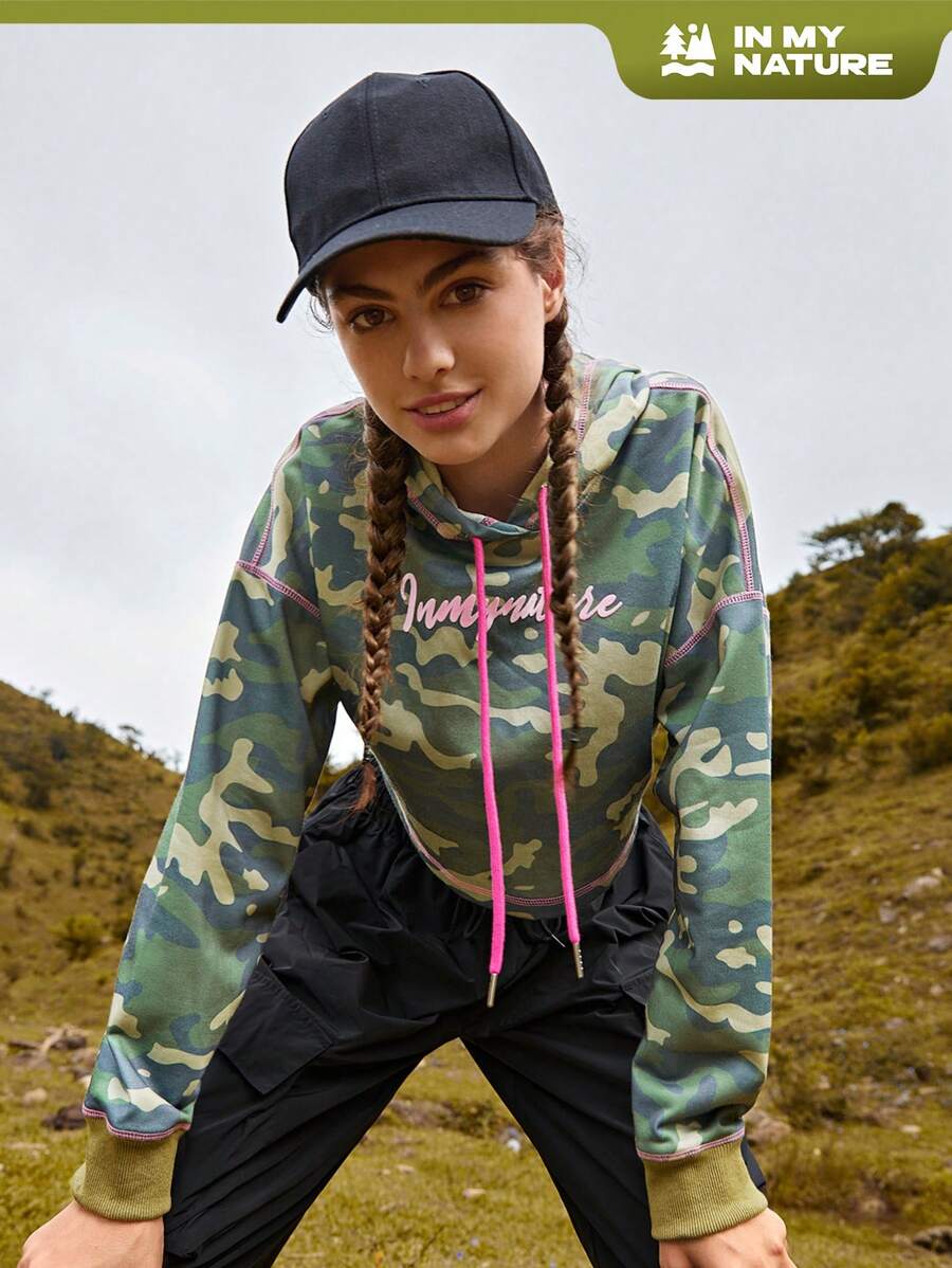 In My Nature Sweat-Shirt À Capuche Court Imprimé Camouflage À Cordon