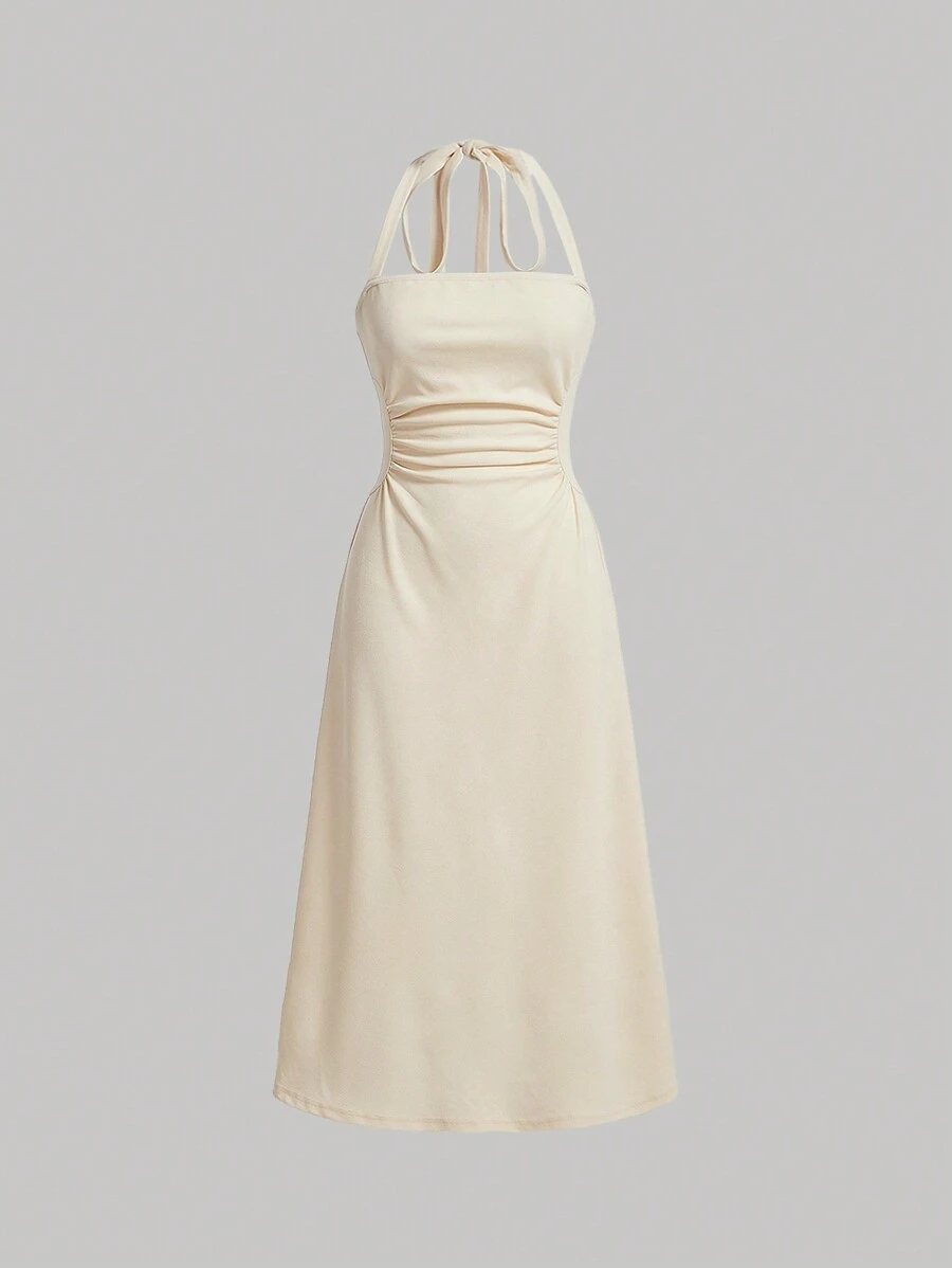 SHEIN MOD Solid Ruched Waist Halter Slim Fit Summer Long Dress