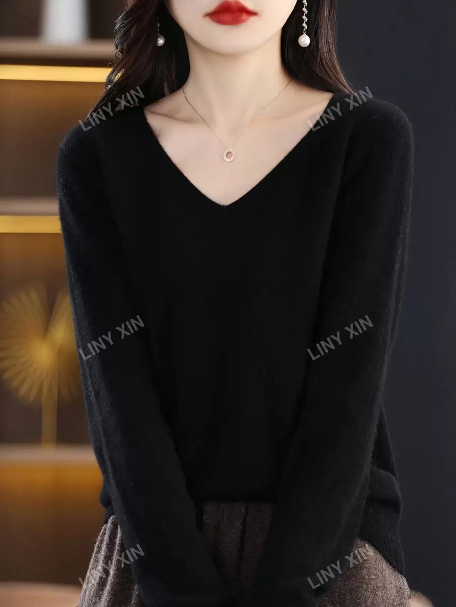 Pull col en V 100% laine mérinos pour femme, pull tricoté sans couture prêt à porter de première ligne pour un usage quotidien décontracté à manches longues
