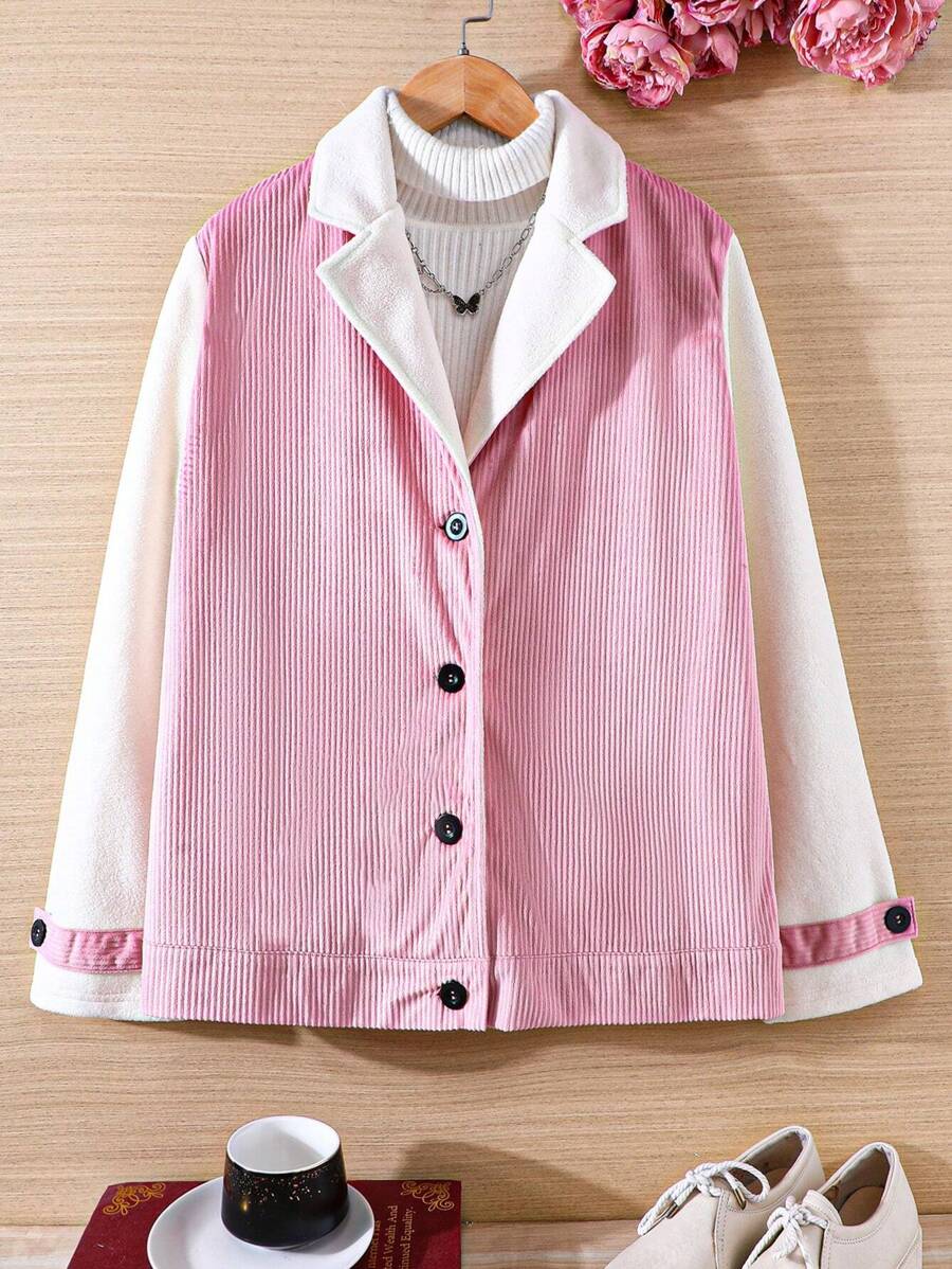 Teen Girl 1pc Two Tone Lapel Neck Button Front Jacket