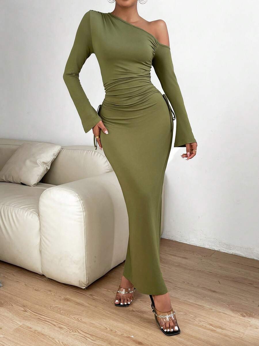 Allurite Asymmetrical Neck Drawstring Side Ruched Split Sleeve Bodycon Dress
