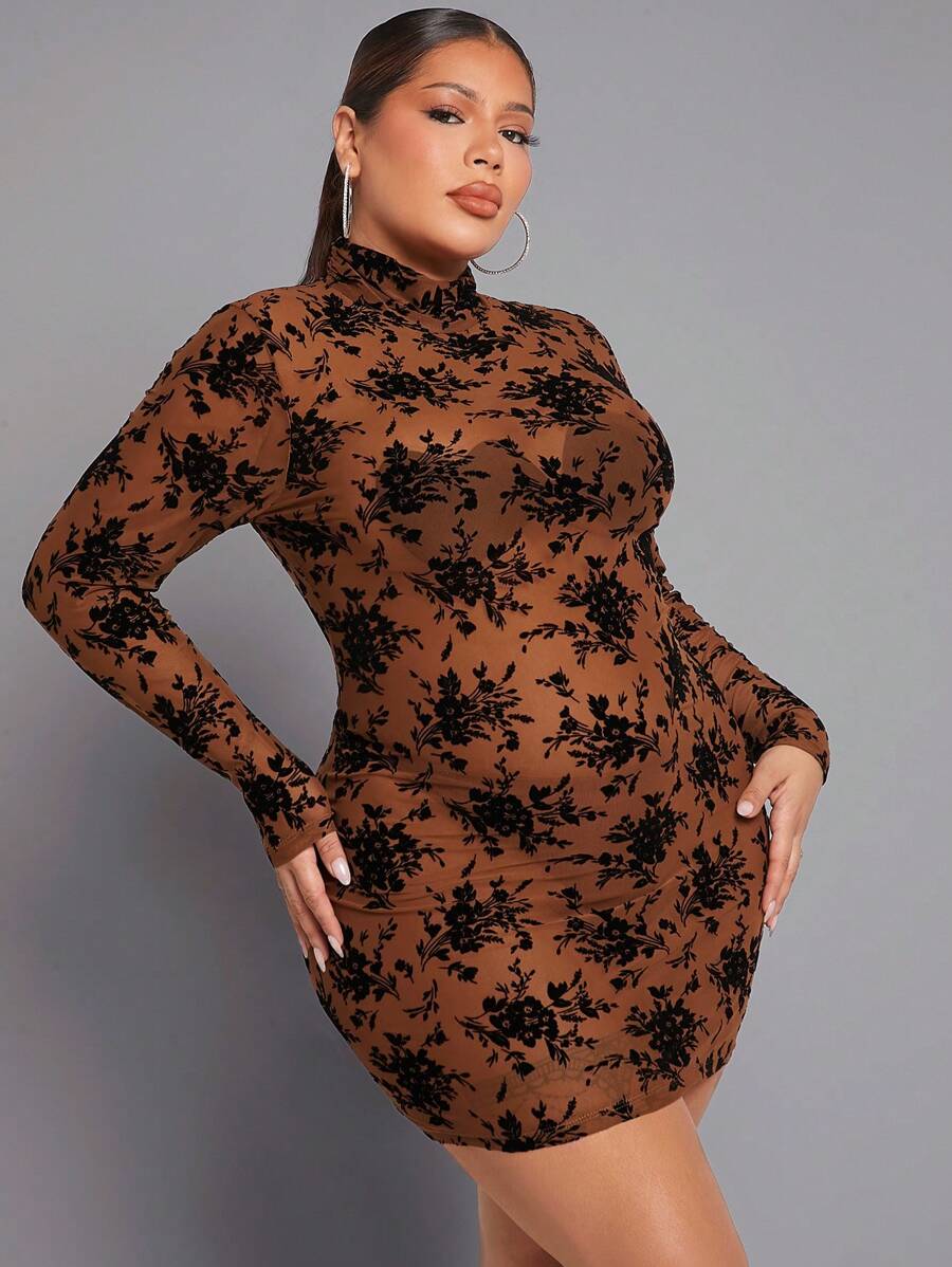SHEIN SXY Vestido Bodycon De Cuello Alto Y Malla Con Estampado Floral Y Flocado, Atuendo Sexy Para Mujeres En El Club O En Fiestas De Año Nuevo