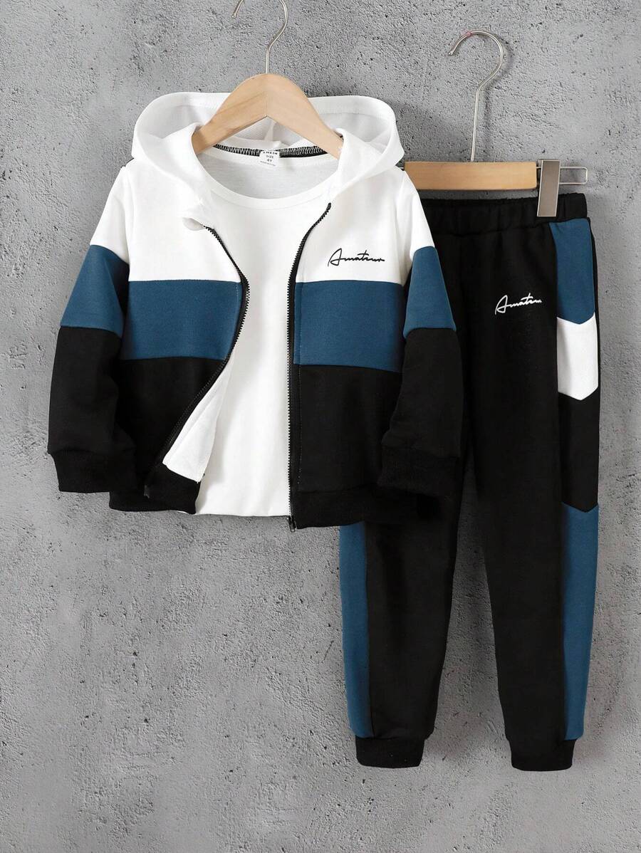 SHEIN Chico joven Sudadera con capucha con estampado de letra de color combinado con pantalones deportivos sin camiseta