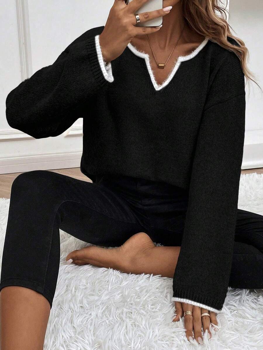 SHEIN LUNE Contrast Binding Notched Neckline Drop Shoulder Sweater