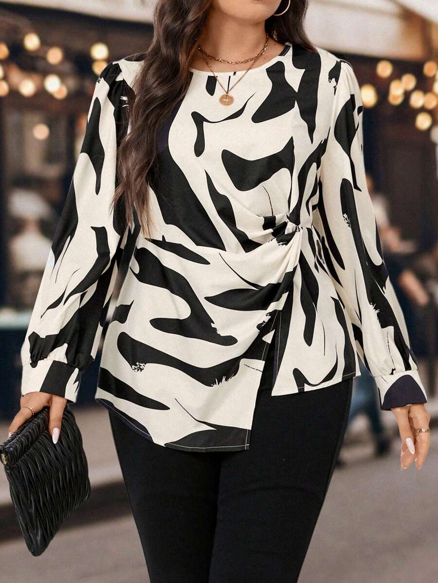 Calvaya Plus Graphic Print Twist Front Asymmetrical Hem Blouse