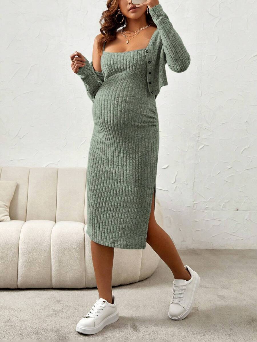 SHEIN Maternity Button Front Cami Dress With Long Sleeve Coat