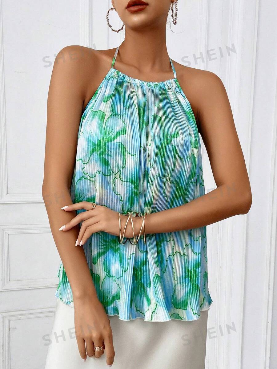 SHEIN Privé Top halter con estampado floral plisado