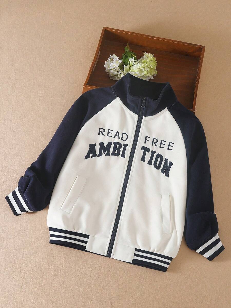 Garoto pré-adolescente Bordado Padrão de Letra Manga De Raglan Guarnição Listrada Zip Up Revestido Térmico Jaqueta