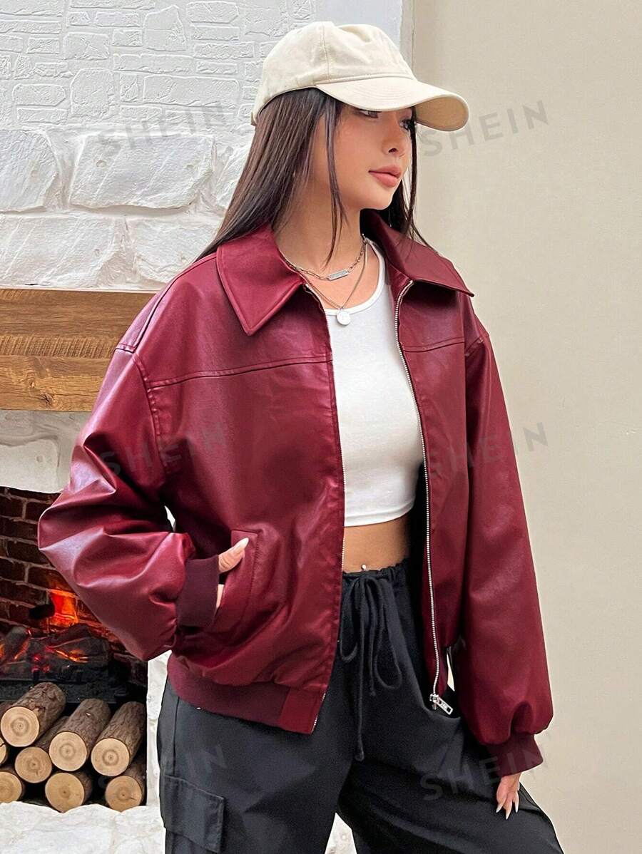 SHEIN EZwear Chaqueta rojo con cremallera, de manga larga y hombros caídos