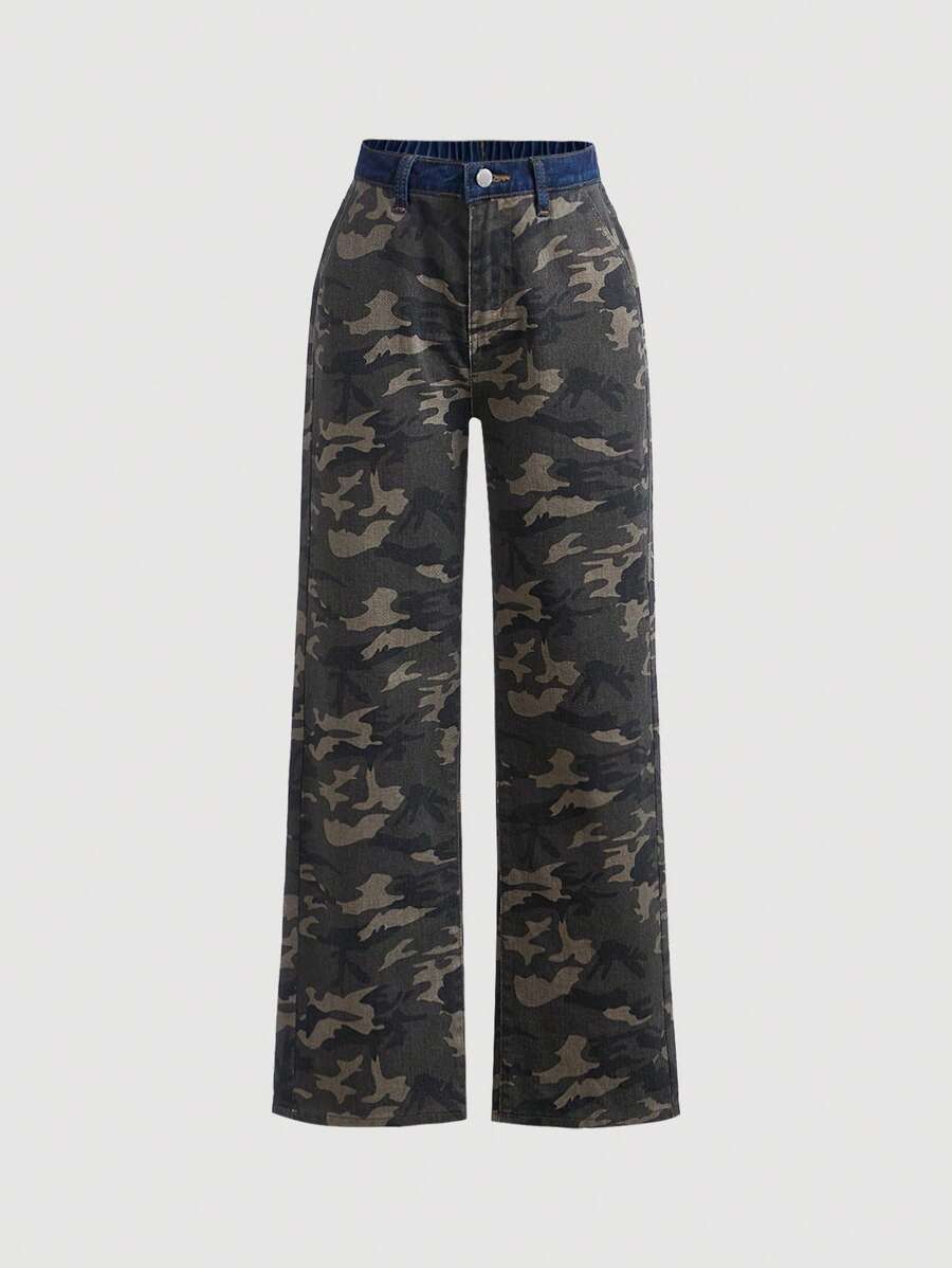 SHEIN Teen Girl Camo Print Straight Leg Jeans