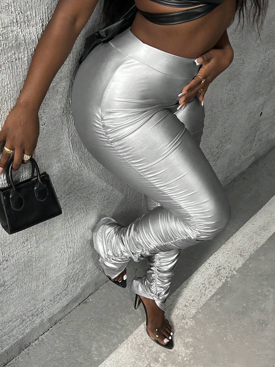 Slaydiva High Waist Ruched Side Ruched Hem PU Leather Leggings