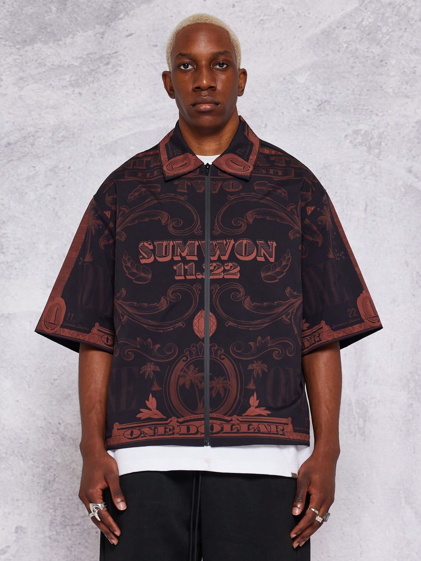 Boxy Fit Zip Nylon Shirt With All Over Print｜Sumwon