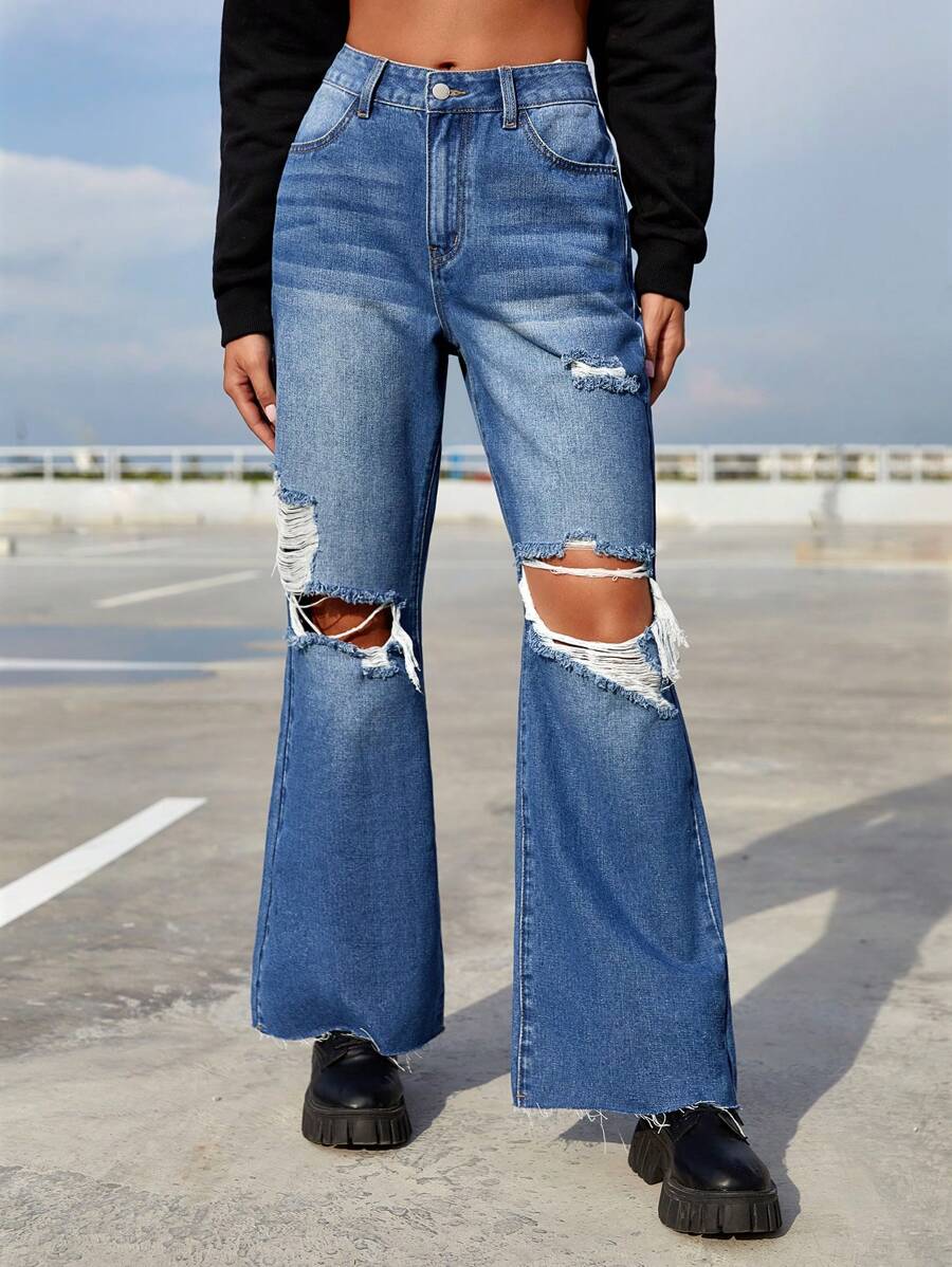 SHEIN EZwear Ripped Raw Hem Flare Leg Jeans