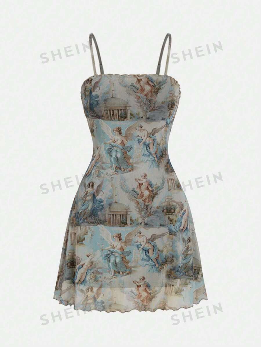 cha5rlie Vestido elegante con gráfico de figura de chica artística, recorte de lechuga y camiseta de malla, atuendo elegante para conciertos, vestido elegante de verano para graduación, ropa occidental, vestido estilo playero para vacaciones, fiestas, primavera, playa, festivales, atuendos de rave, Ibiza