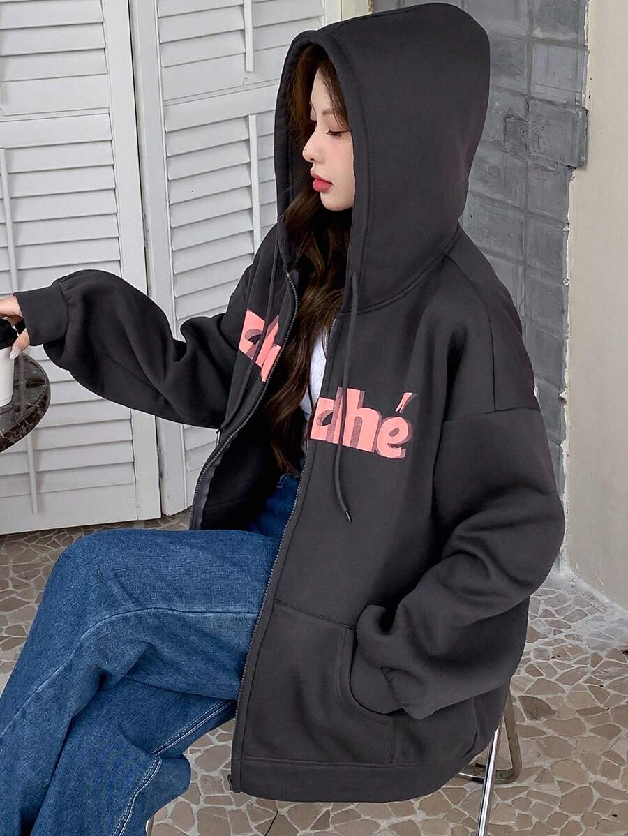 DAZY Letter Graphic Drop Shoulder Drawstring Zipper Hoodie