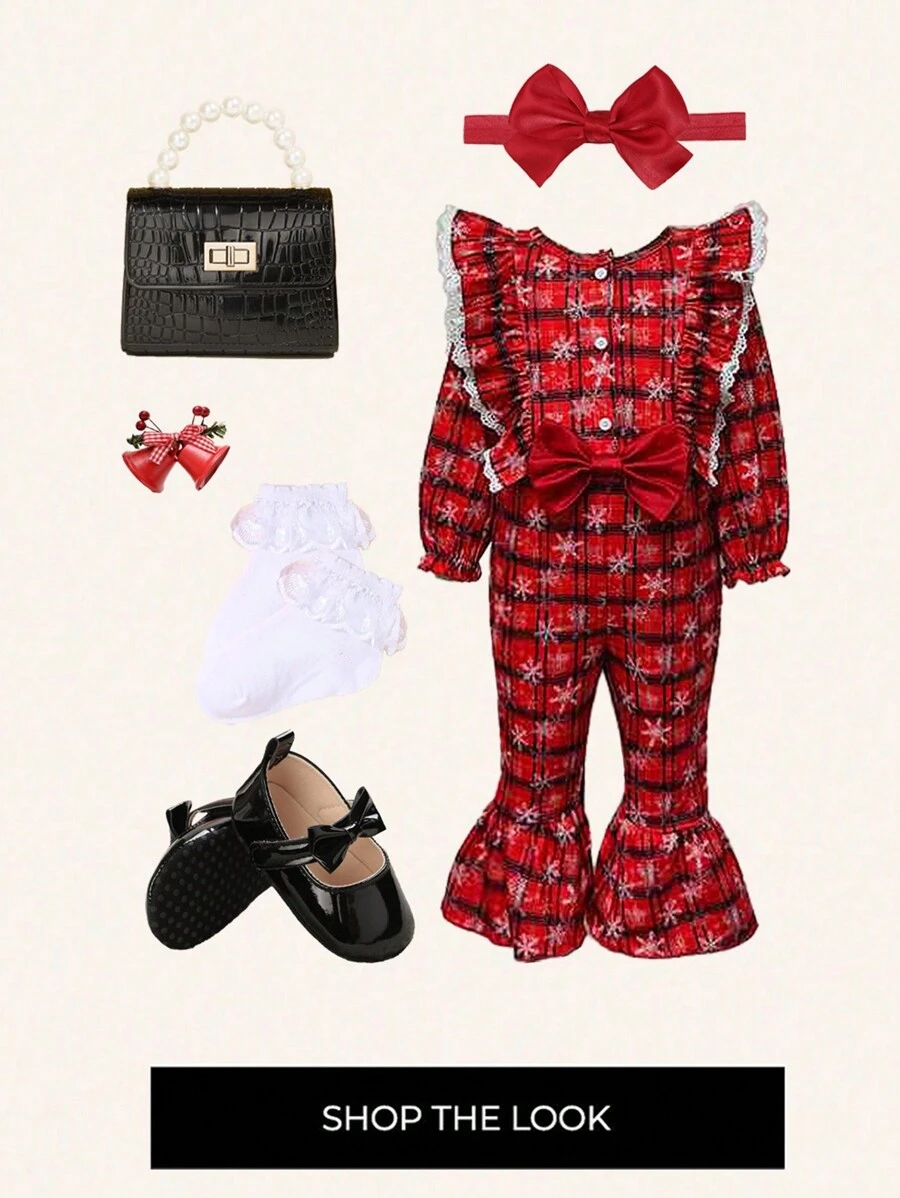 SHEIN Babymeisje 1 stuk Geruite print Ruchestrim Strik aan de achterkant Jumpsuits & 1 stuk Hoofdband