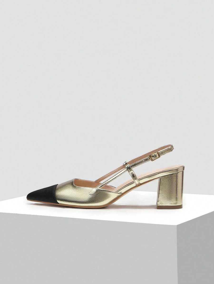 MOTF PREMIUM METALLIC SLINGBACK BLOCK HEELS VACATION SHOES, SUMMER SALE, FOR HALLOWEEN