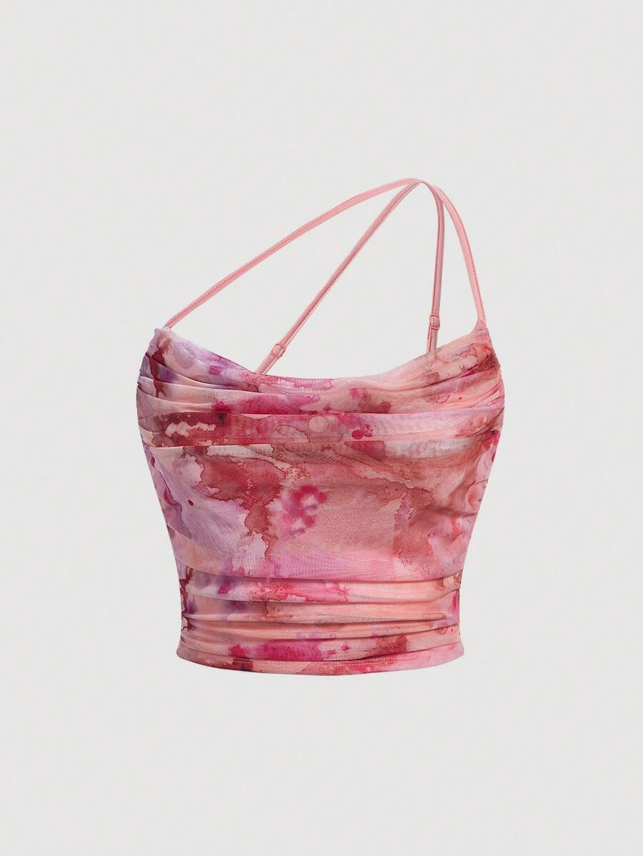 SHEIN MOD Marble Print One Shoulder Ruched Side Crop Top