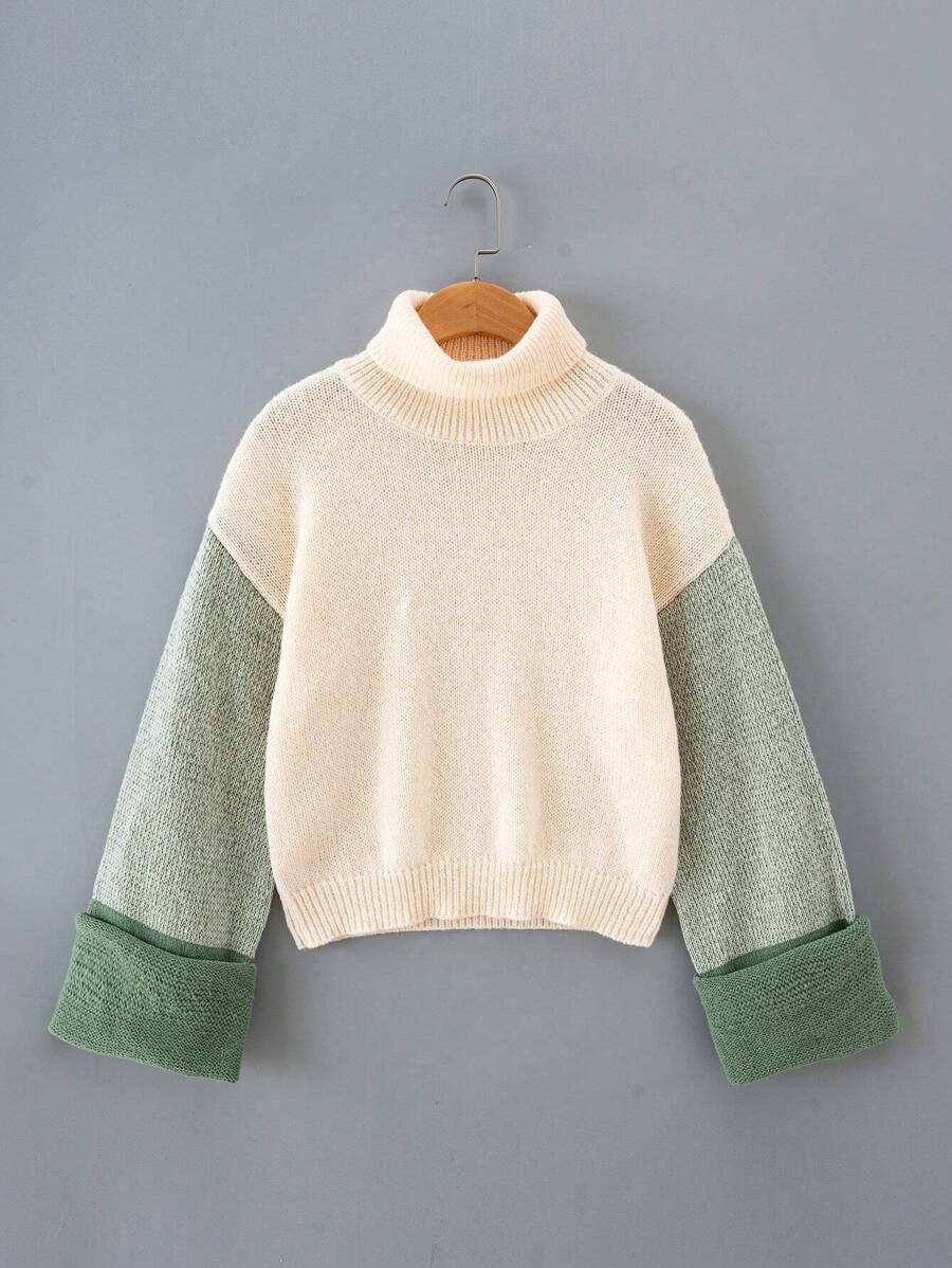 Teenager Mädchen Pullover mit Farbblock, Rollkragen, Drop Shoulder